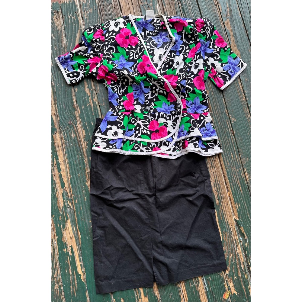 Vintage Floral Peplum Wrap Top and Black Pencil Skirt 2 Piece Set Retro 80s 90s